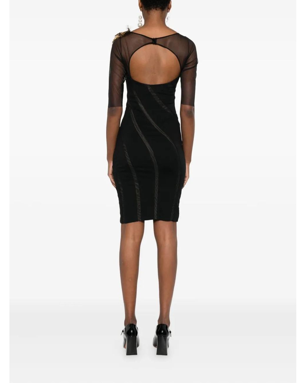 Gemy Maalouf Black Feather-Embellished Sheer-Panelled Dress