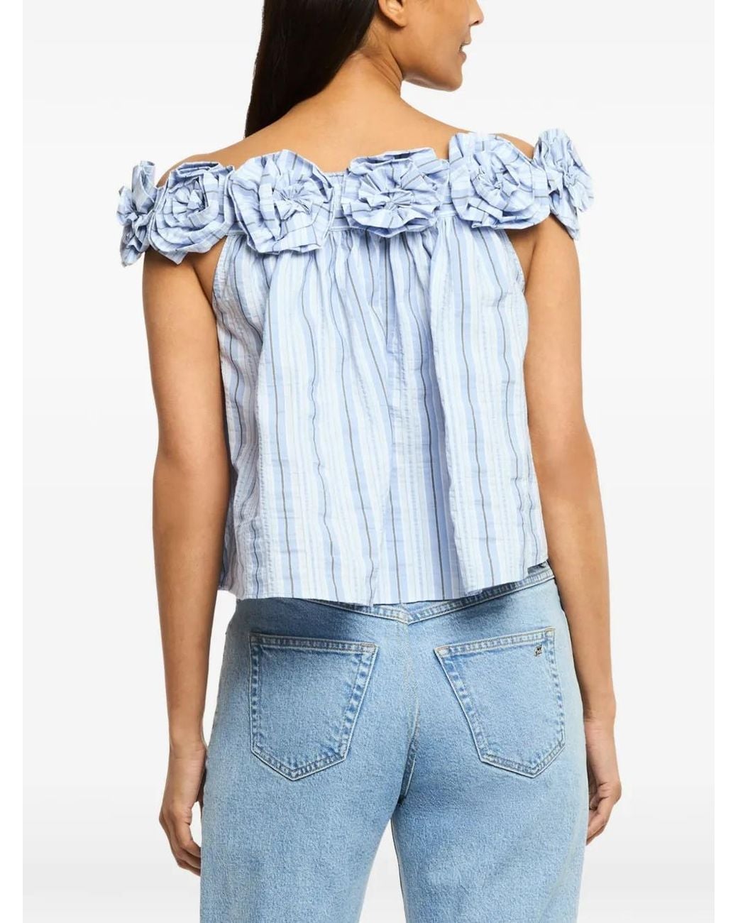 Cinq À Sept Blue Kelsey Floral-Appliqué Striped Blouse