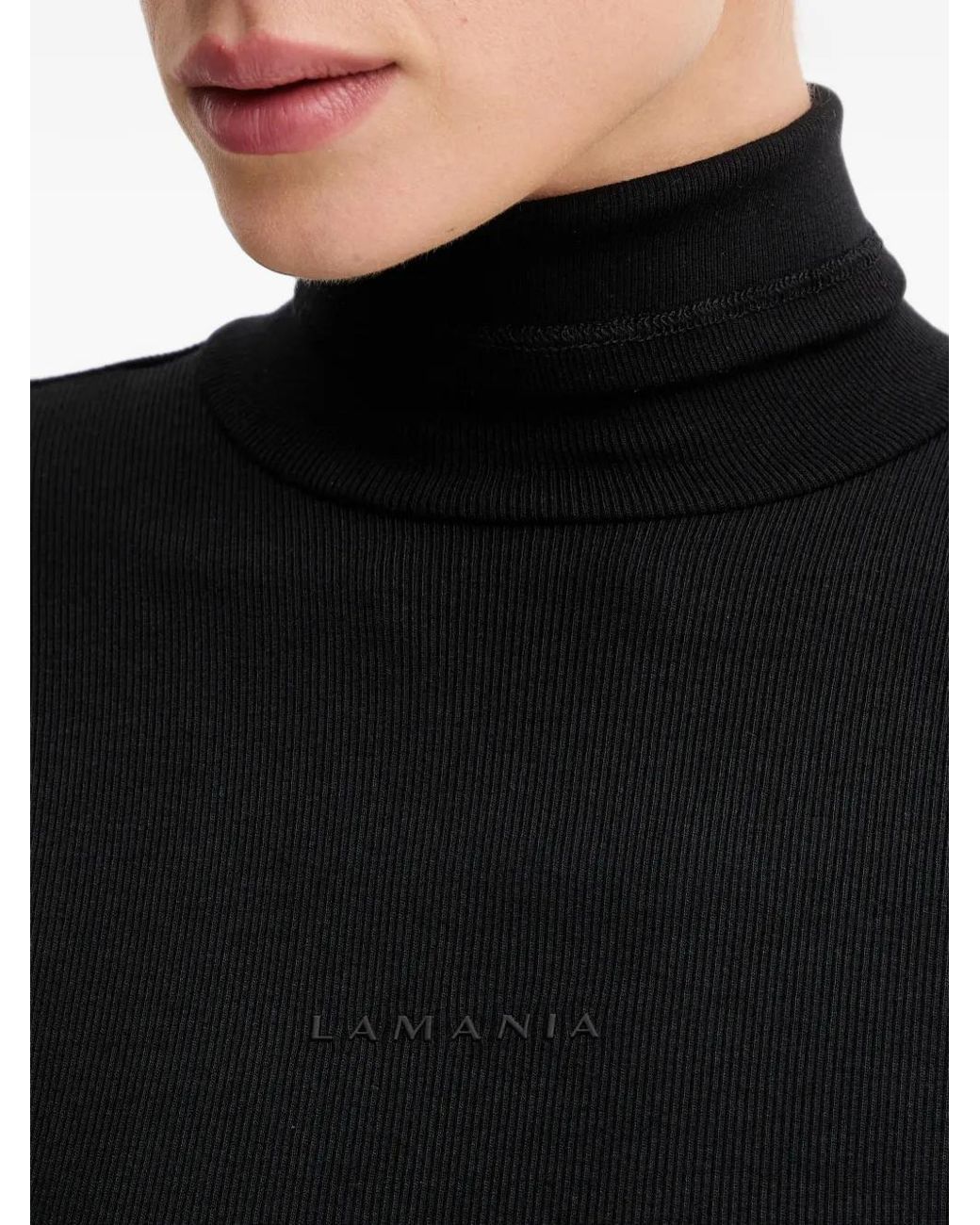 La Mania Black Ribbed-Knit Roll-Neck Mini Dress