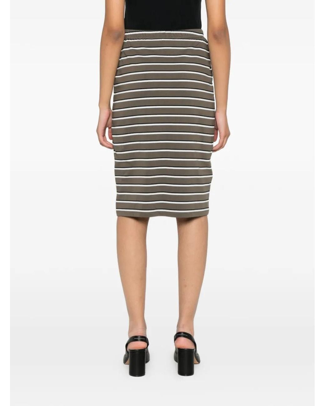 ROTATE BIRGER CHRISTENSEN Gray Striped Logo-Patch Midi Fitted Skirt