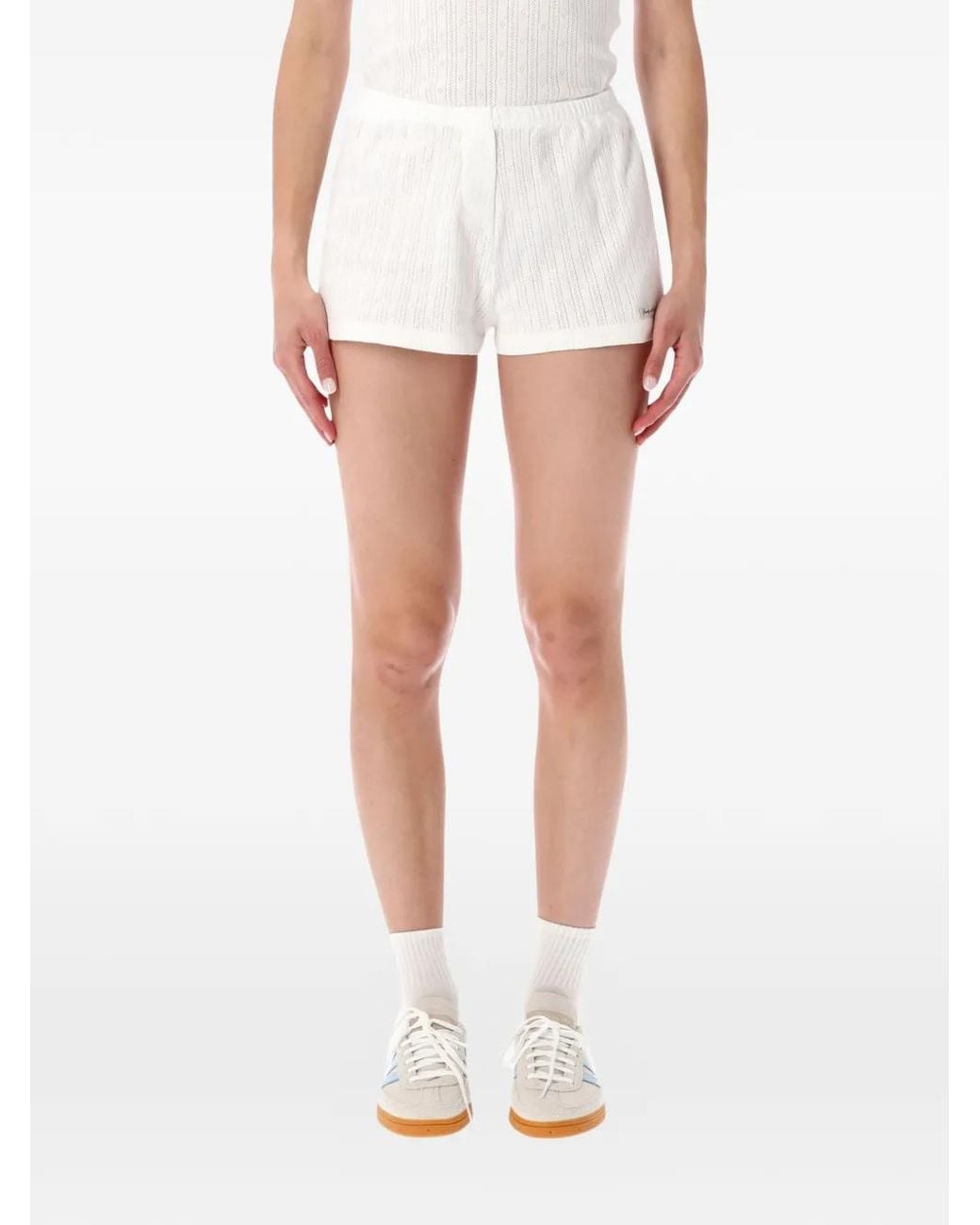 Sporty & Rich White Pointelle-Knit Logo-Patch Shorts