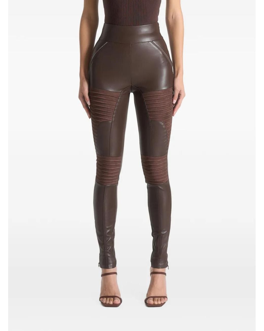 Manière De Voir Brown Leather & Suede Ribbed Leggings Chocolate