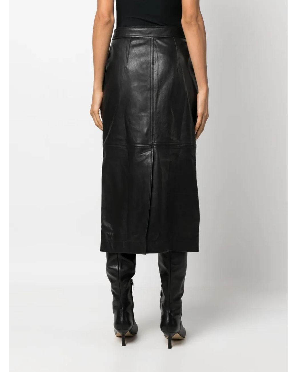 Alberta Ferretti Black Pencil Leather Midi Skirt