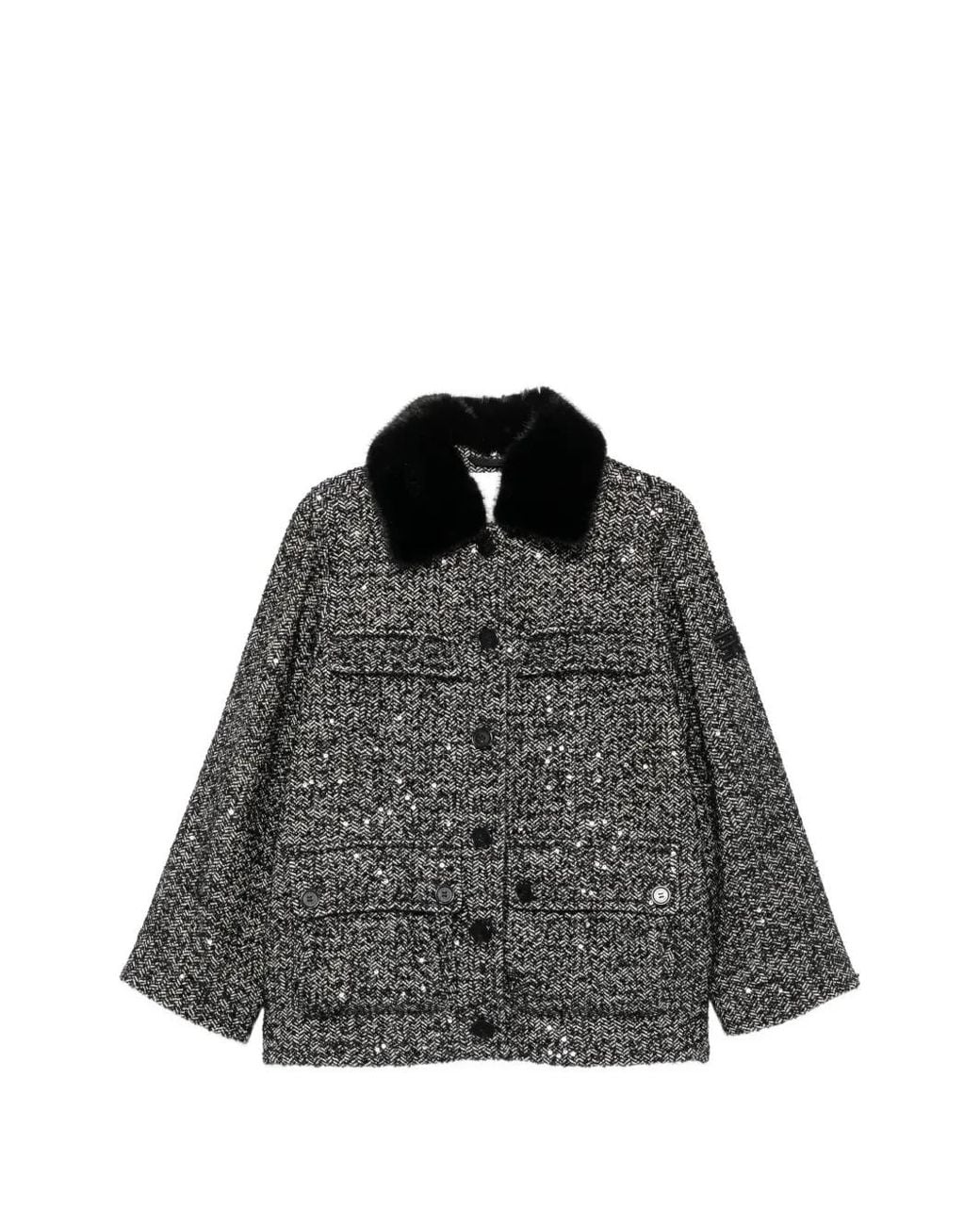 ERMANNO FIRENZE Black Sequin-Embellished Herringbone Jacket