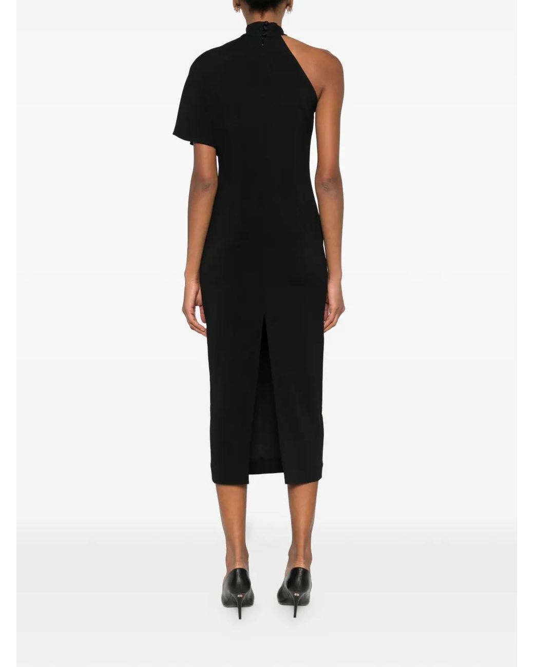 ‎Taller Marmo Black High-Neck Asymmetrical-Sleeve Midi Dress
