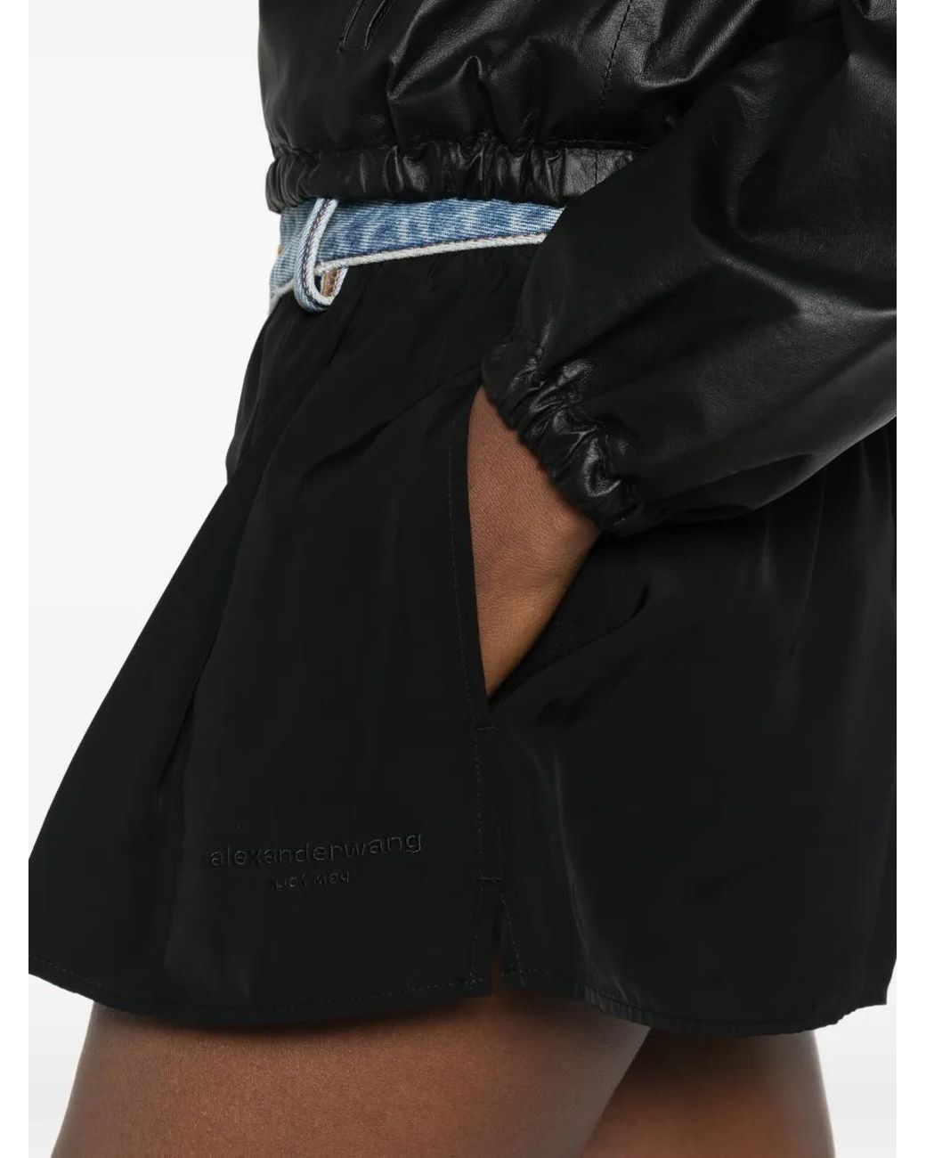 Alexander Wang Black Denim-Waistband Pleated Shorts