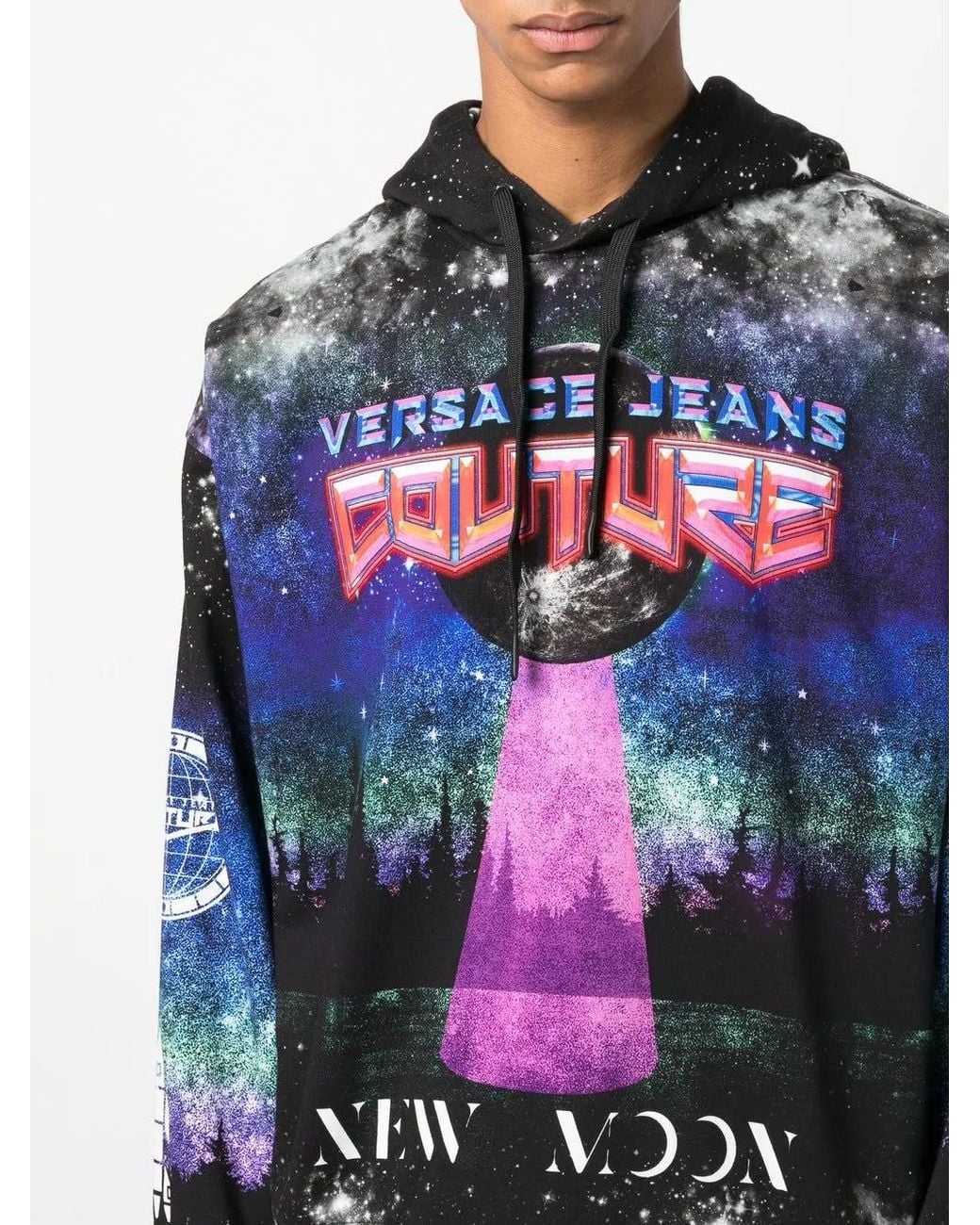 Versace Jeans Couture Black Graphic-Print Drawstring Hoodie for men