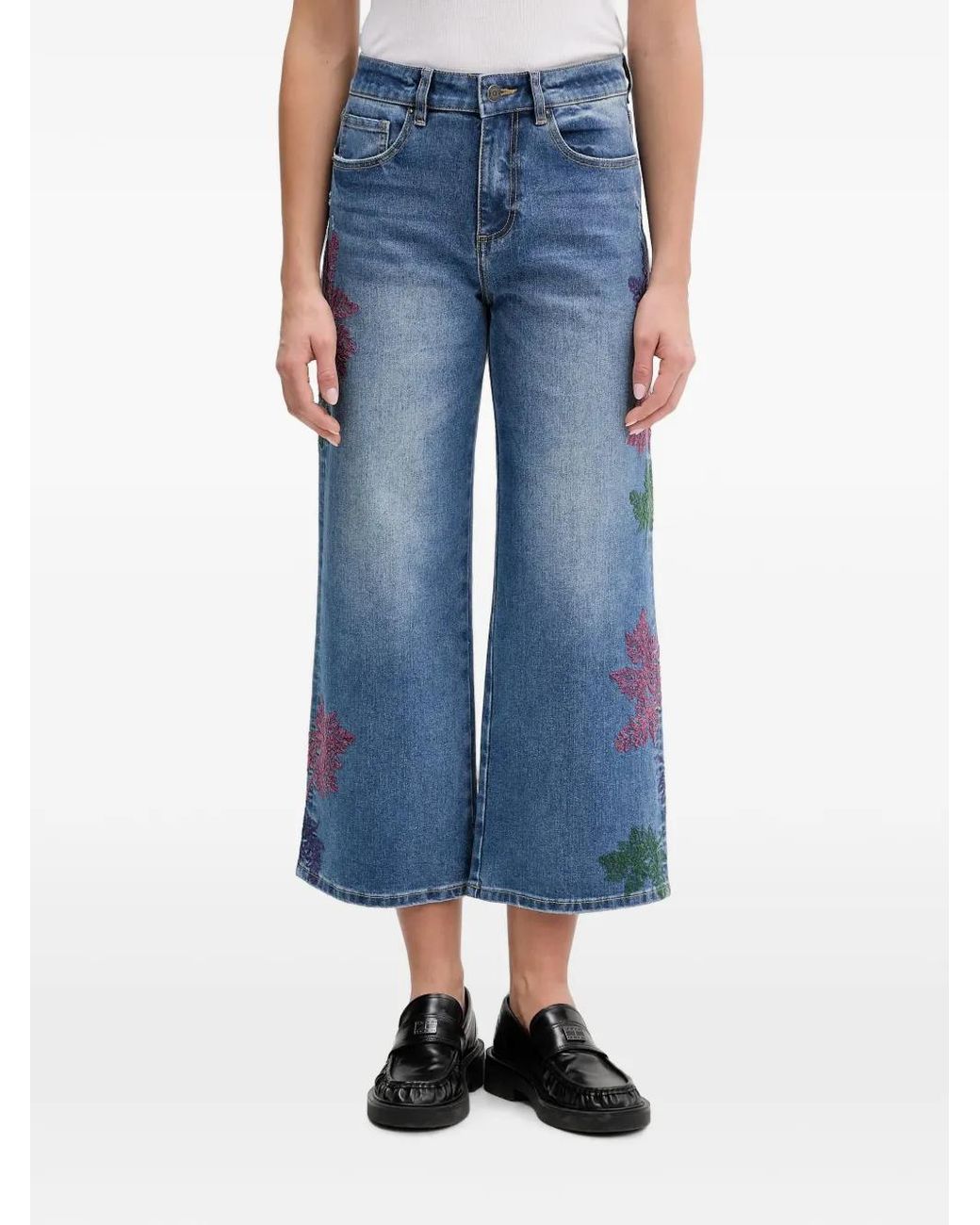 Desigual Blue Embroidered Cropped Jeans