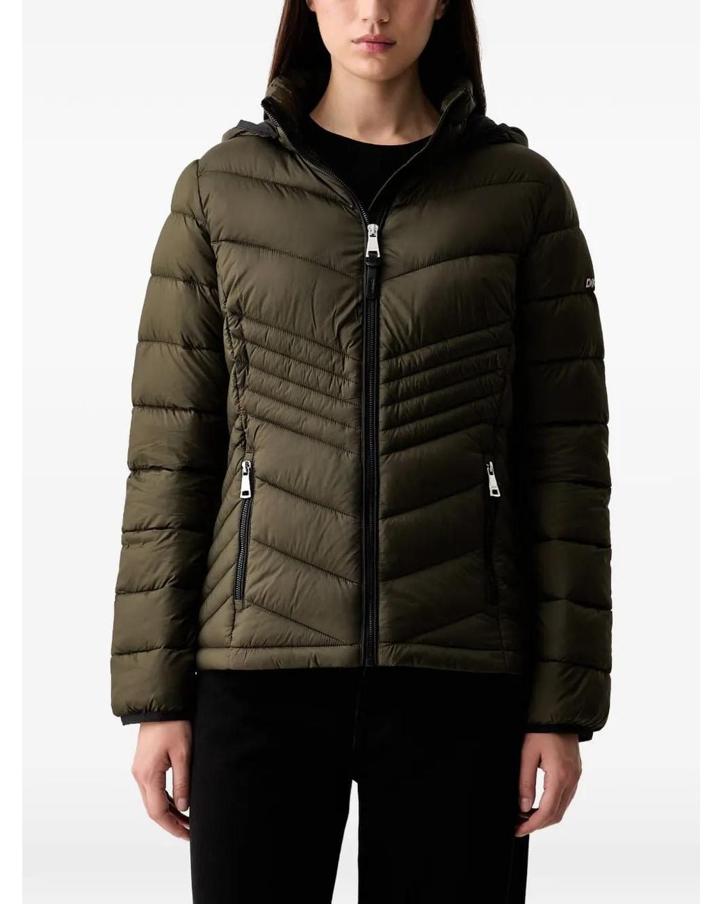 DKNY Black Hooded Quilted Jacket