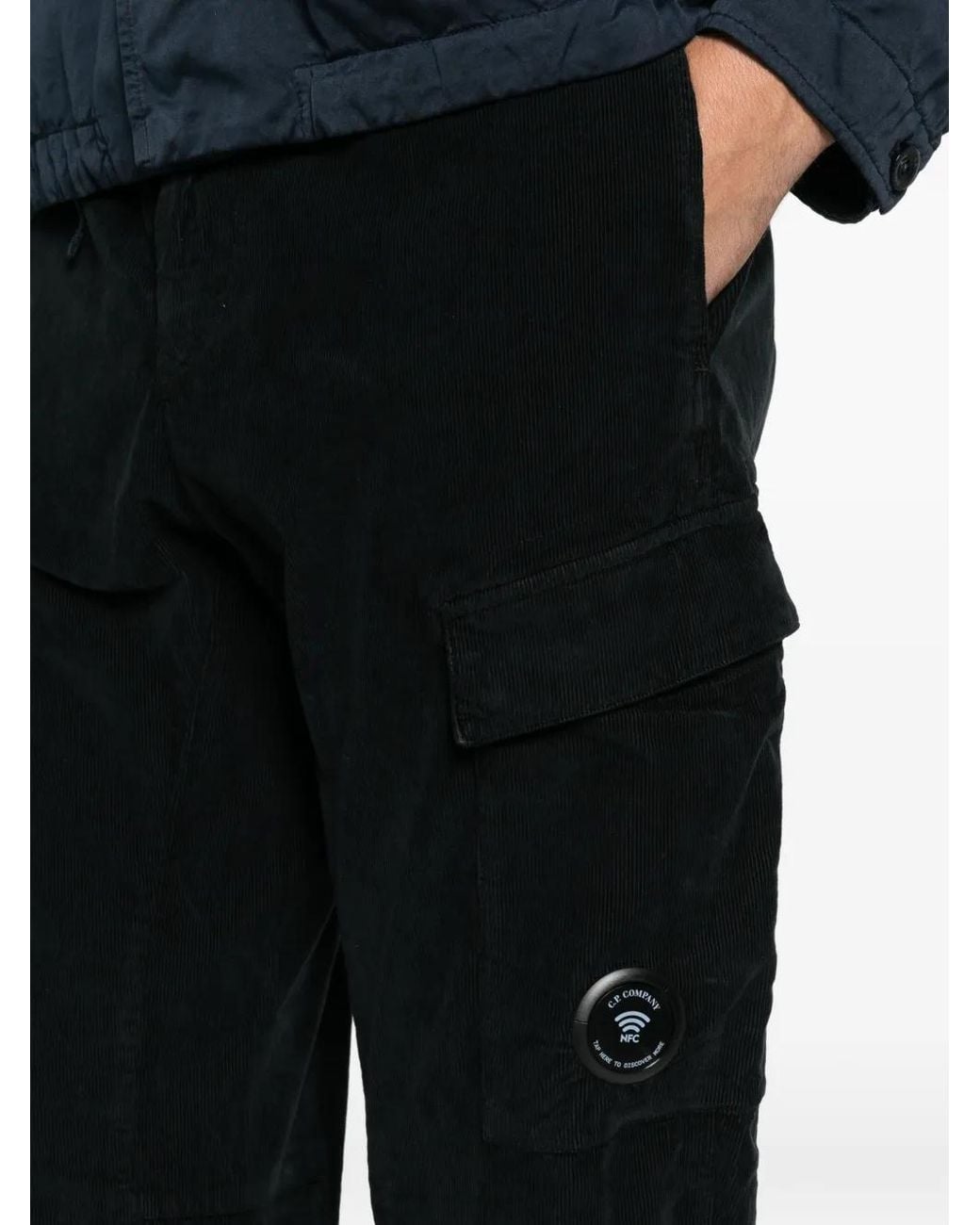 C P Company Black Corduroy Lens-Detail Cargo Pants for men