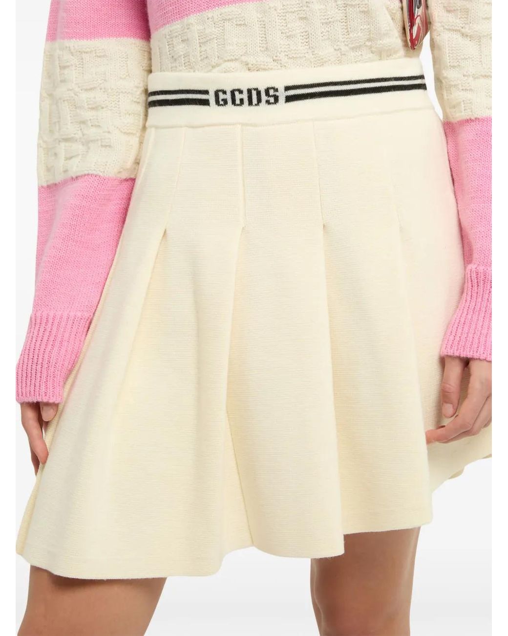 Gcds Natural Pleated Knit Asymmetric Skirt