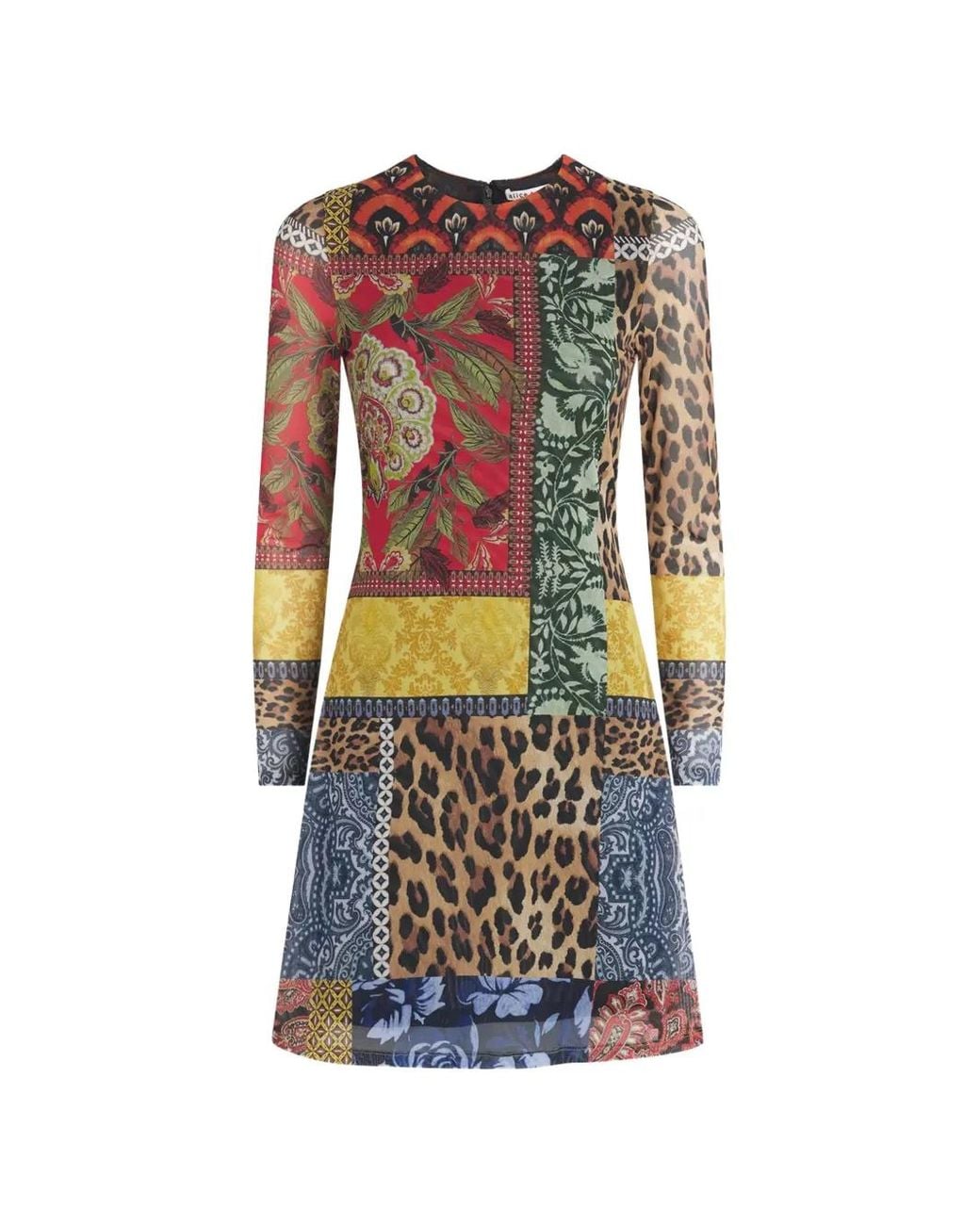 Alice + Olivia White Patchwork-Print Long-Sleeve Mini Dress