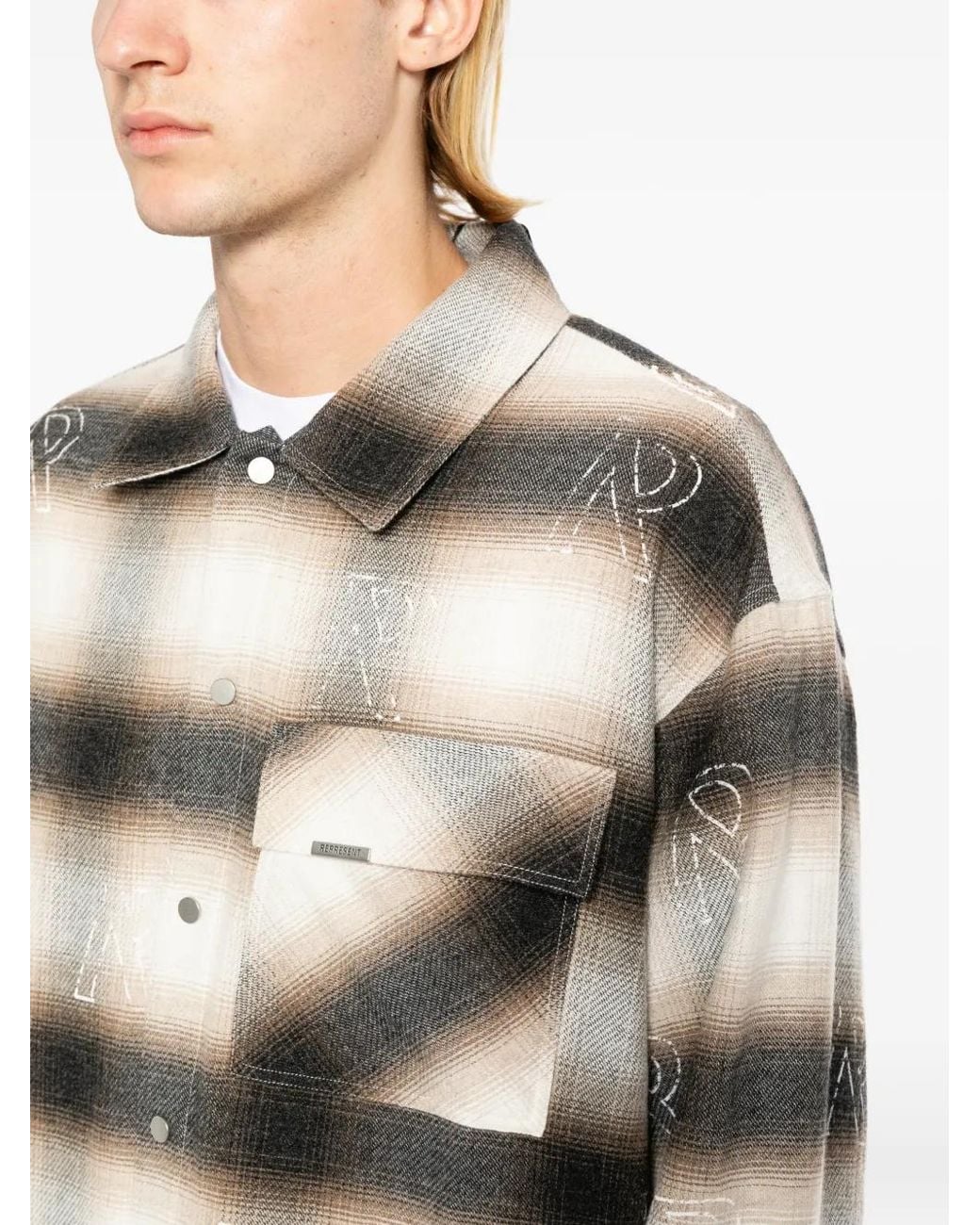 Represent Gray Initial-Embroidered Plaid Shirt for men