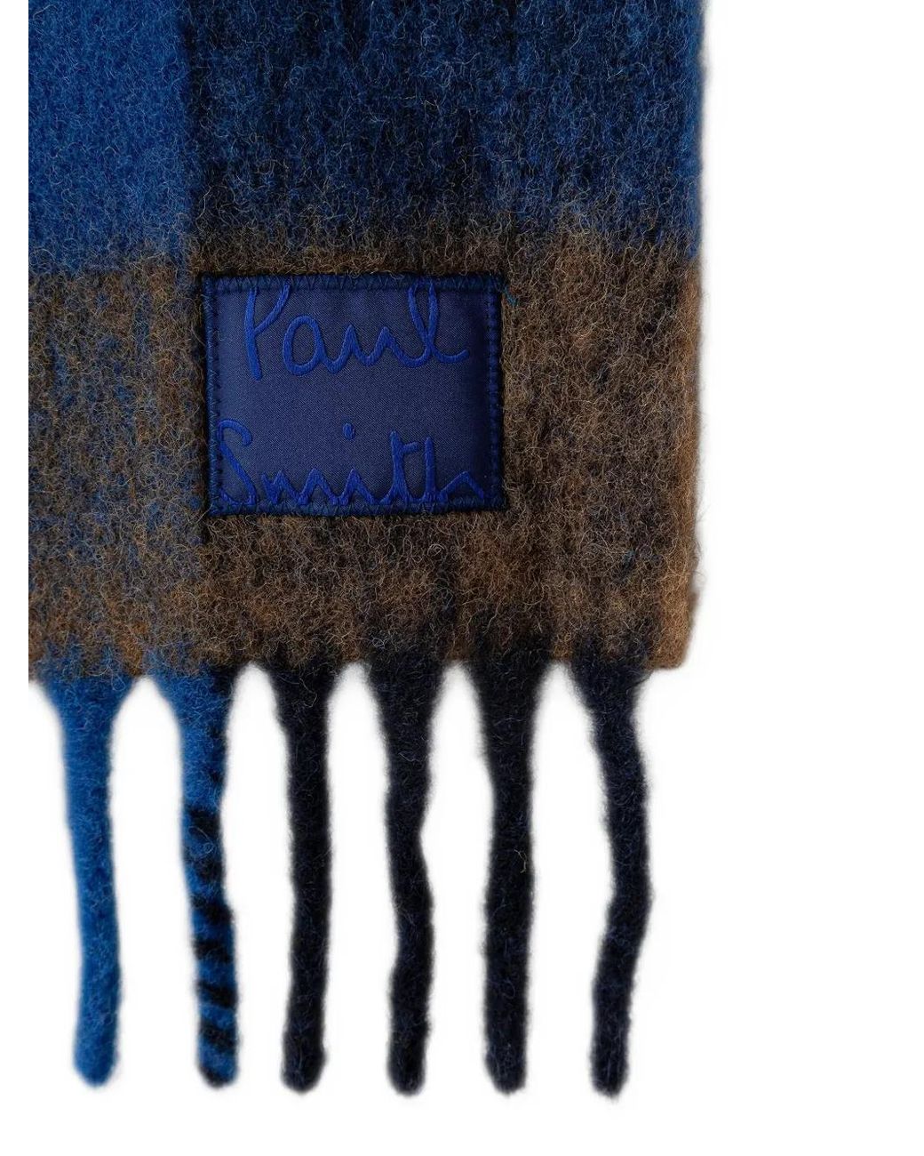 Paul & Shark Blue Check-Pattern Fringed Scarf for men