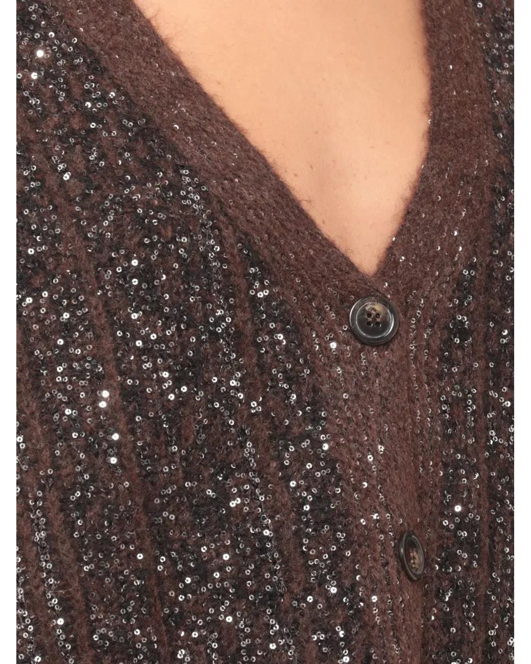 D.exterior Brown Sequin-Embellished Cable-Knit Cardigan