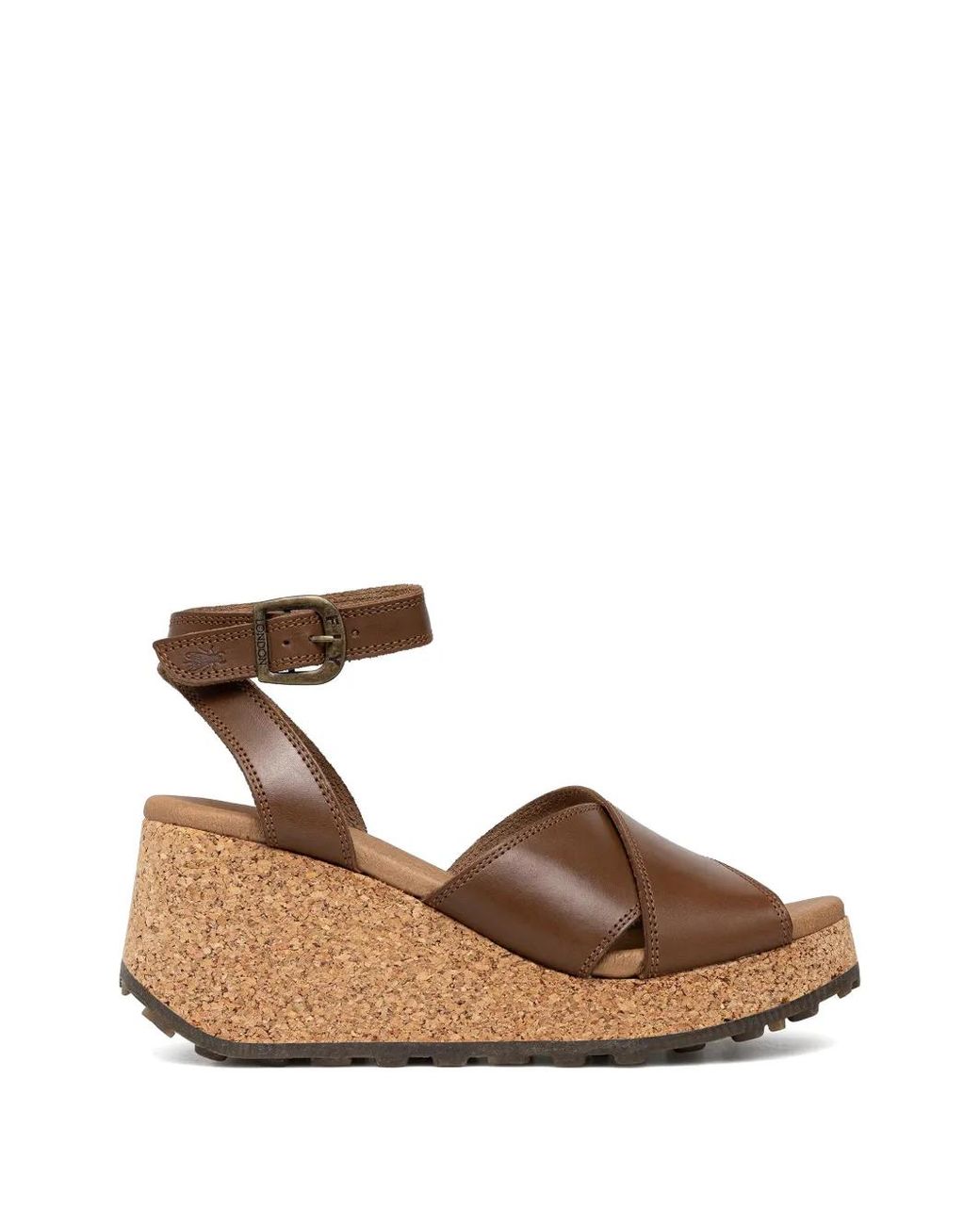 Fly London Brown Cork-Wedge Leather Sandals