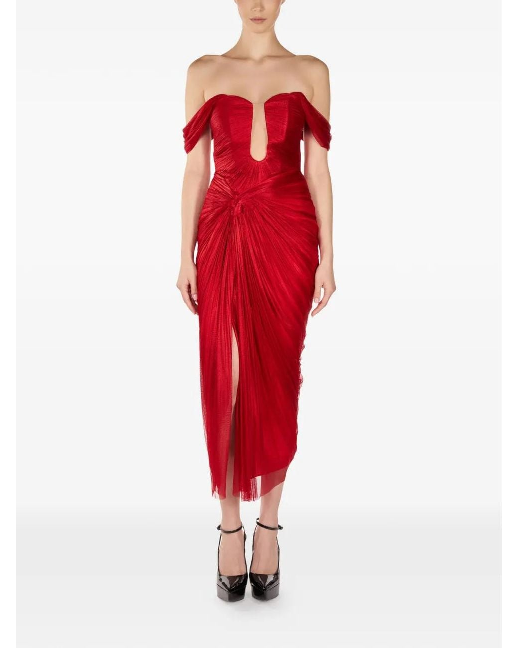 ARAFTU Red Off-Shoulder Split Midi Dress