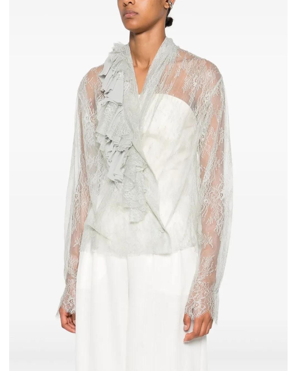 Alberta Ferretti White Lace Ruffled Top