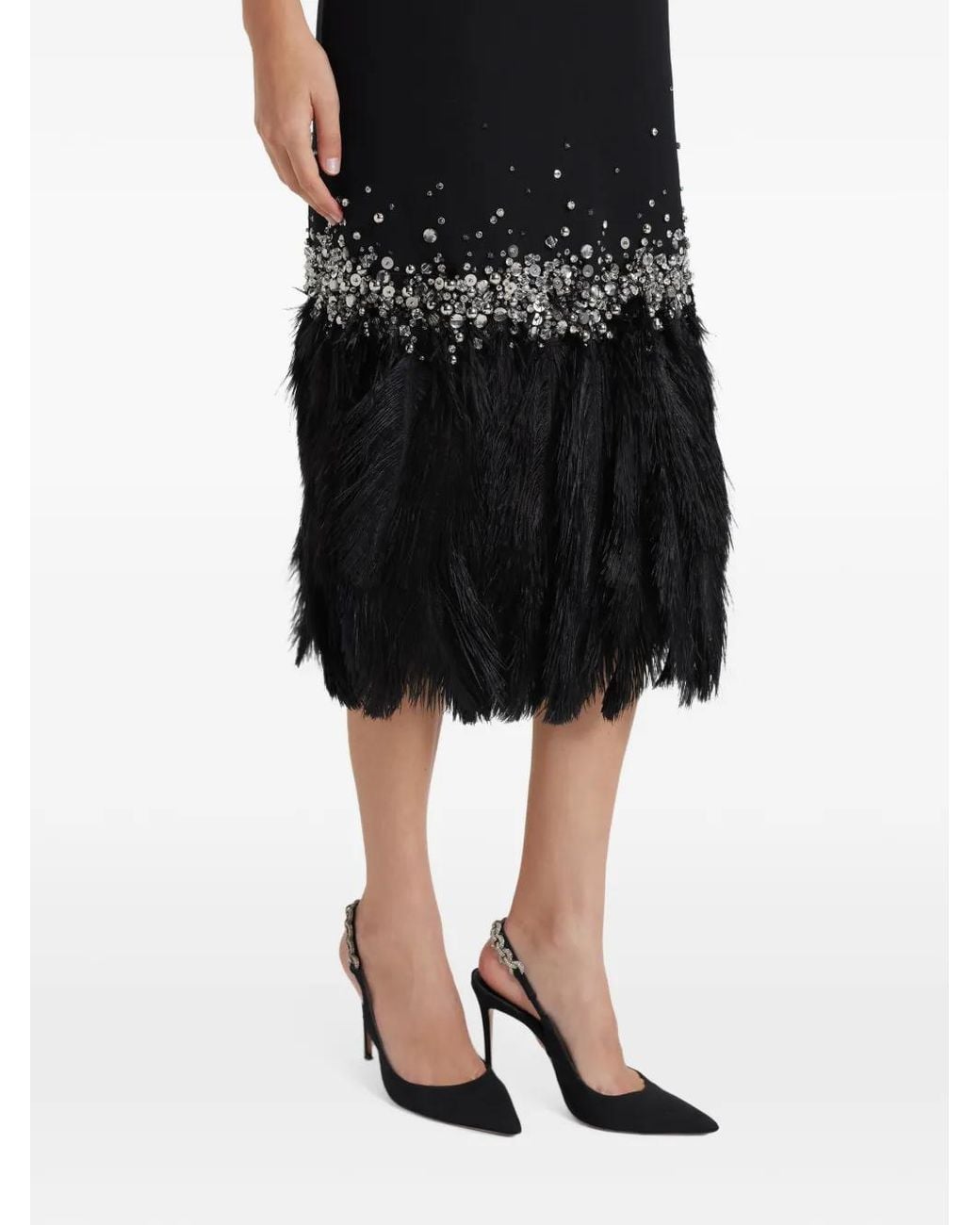 Safiyaa Black Crystal-Embellished Feather-Trim Midi Dress