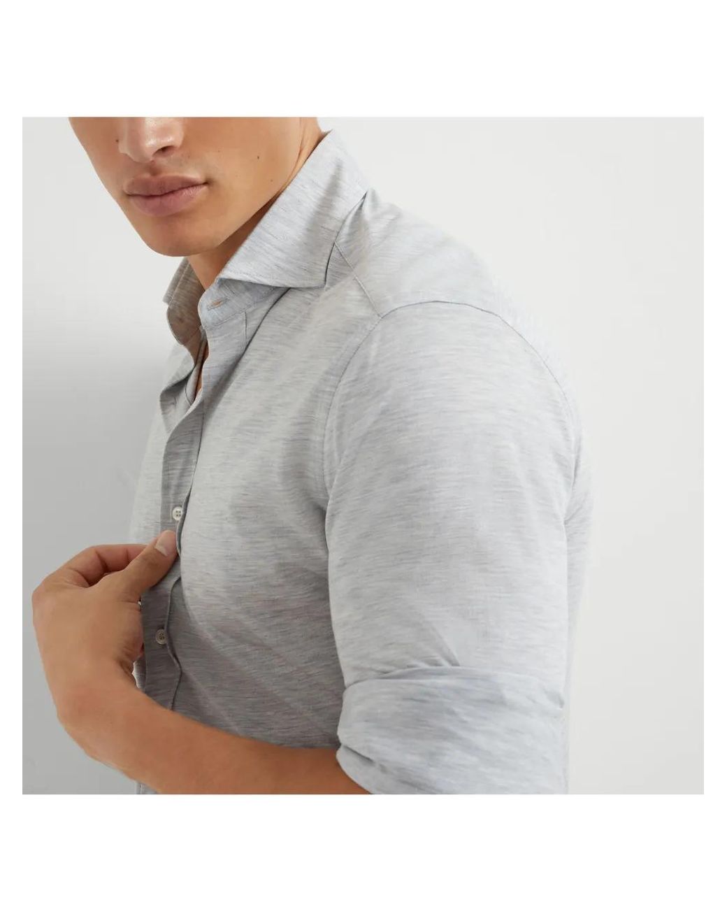 Brunello Cucinelli White Silk And Cotton Jersey Shirt With Spread Collar for men
