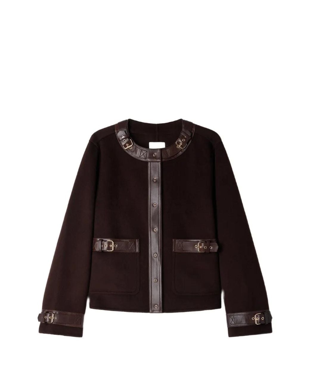 Sandro Black Short Coat With Leather Details