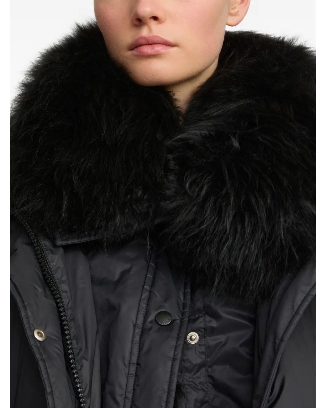 Yves Salomon Black Ys Army Collection: Mid-Length Down Jacket With Removable Bib And Lambswool Trim Clothing