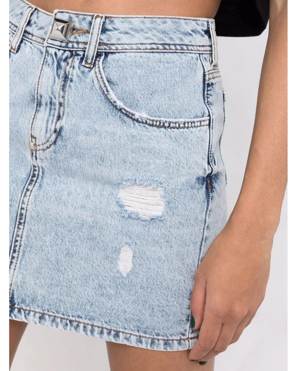 Philipp Plein Blue Stud-Detailing Distressed Mini Denim Skirt