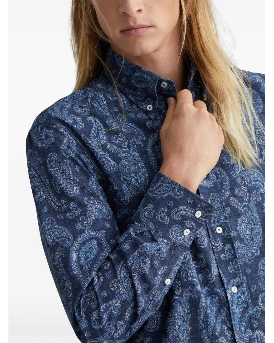 Brunello Cucinelli Blue Paisley Button-Down Shirt for men