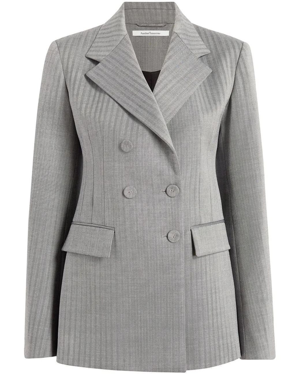 Another Tomorrow Gray Herringbone Double-Breasted Blazer