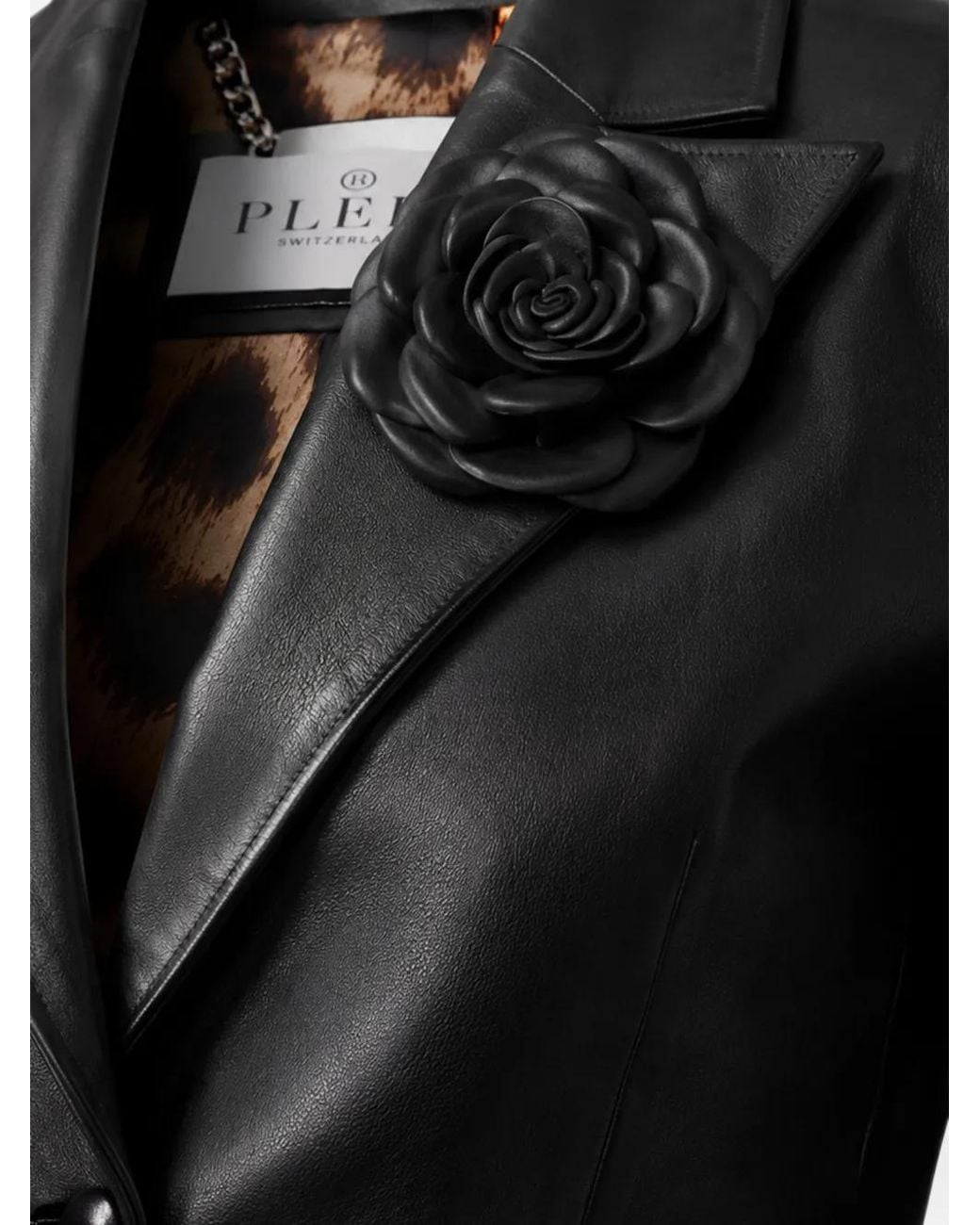 Philipp Plein Black Fitted Leather Blazer Flower