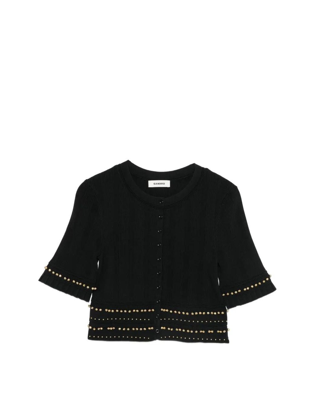 Sandro Black Stud-Embellished Ruffled-Cuff Cropped Cardigan