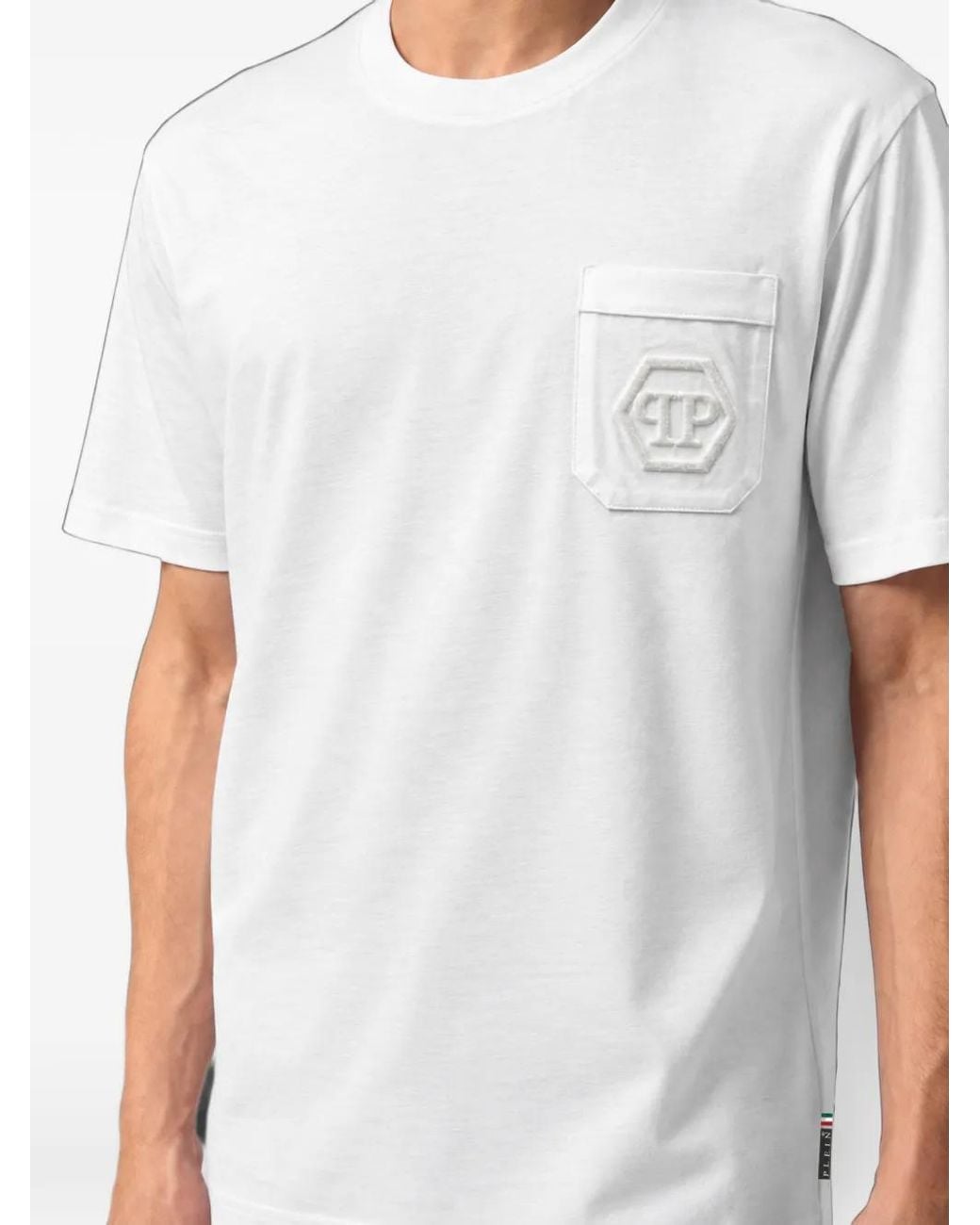 Philipp Plein White Round Neck T-Shirt Hexagon-Pocket for men