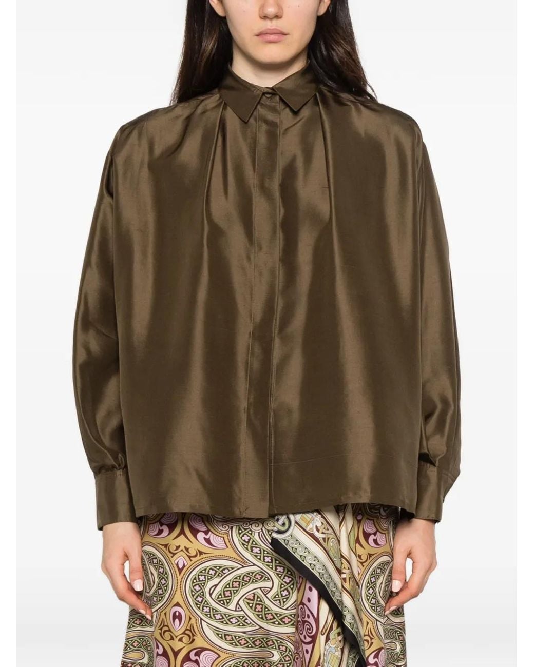 LaDoubleJ Green La Scala Feather-Trimmed Silk Shirt