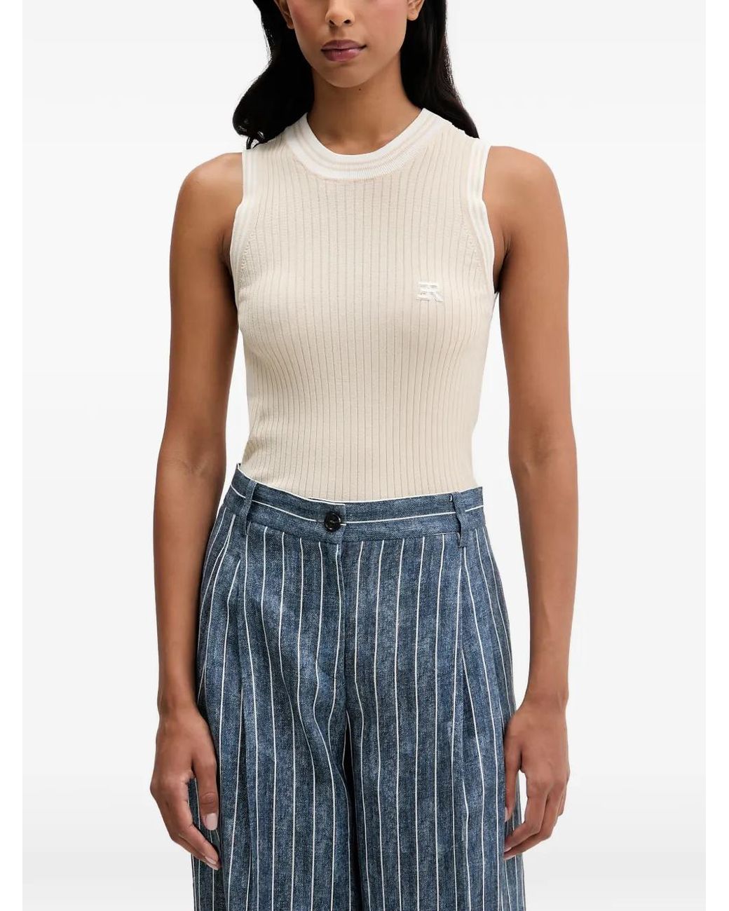 ERMANNO FIRENZE Blue Ribbed-Knit Logo-Patch Top