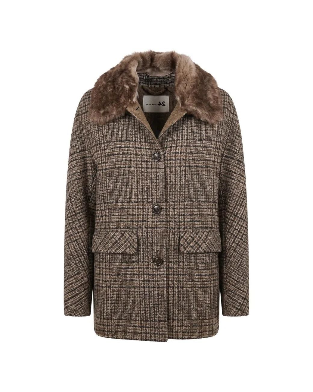 Manzoni 24 Brown Checked Fur-Collar Coat