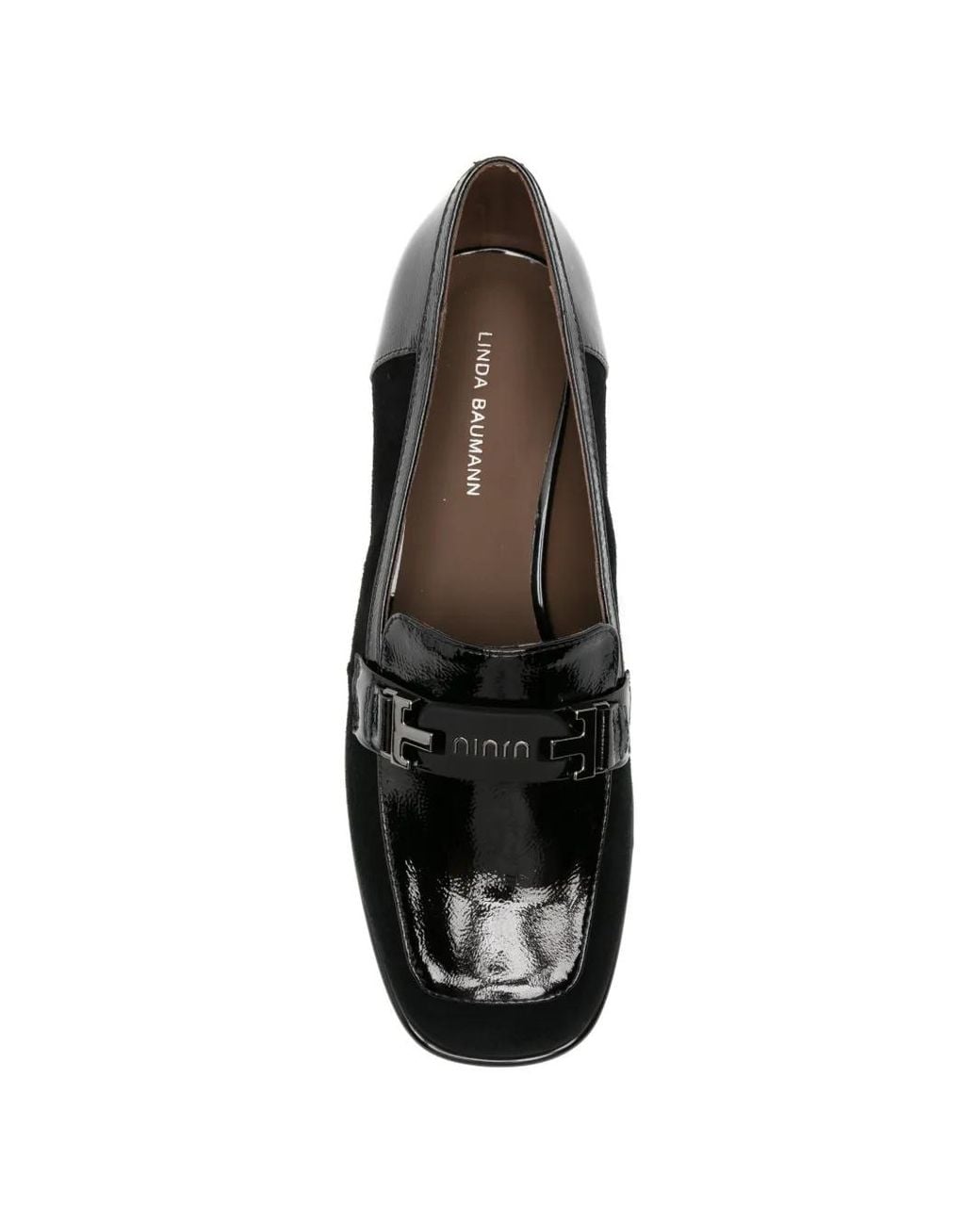 Linda Baumann Black Patent-Panelled Logo-Plaque Loafers
