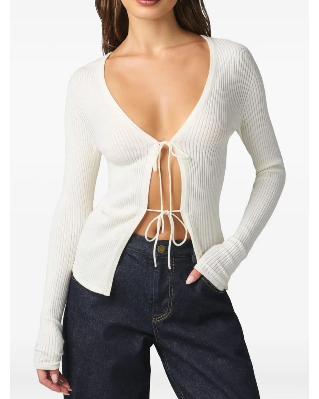 Kiki de Montparnasse White Rib-Knit Tie-Fastening Cardigan