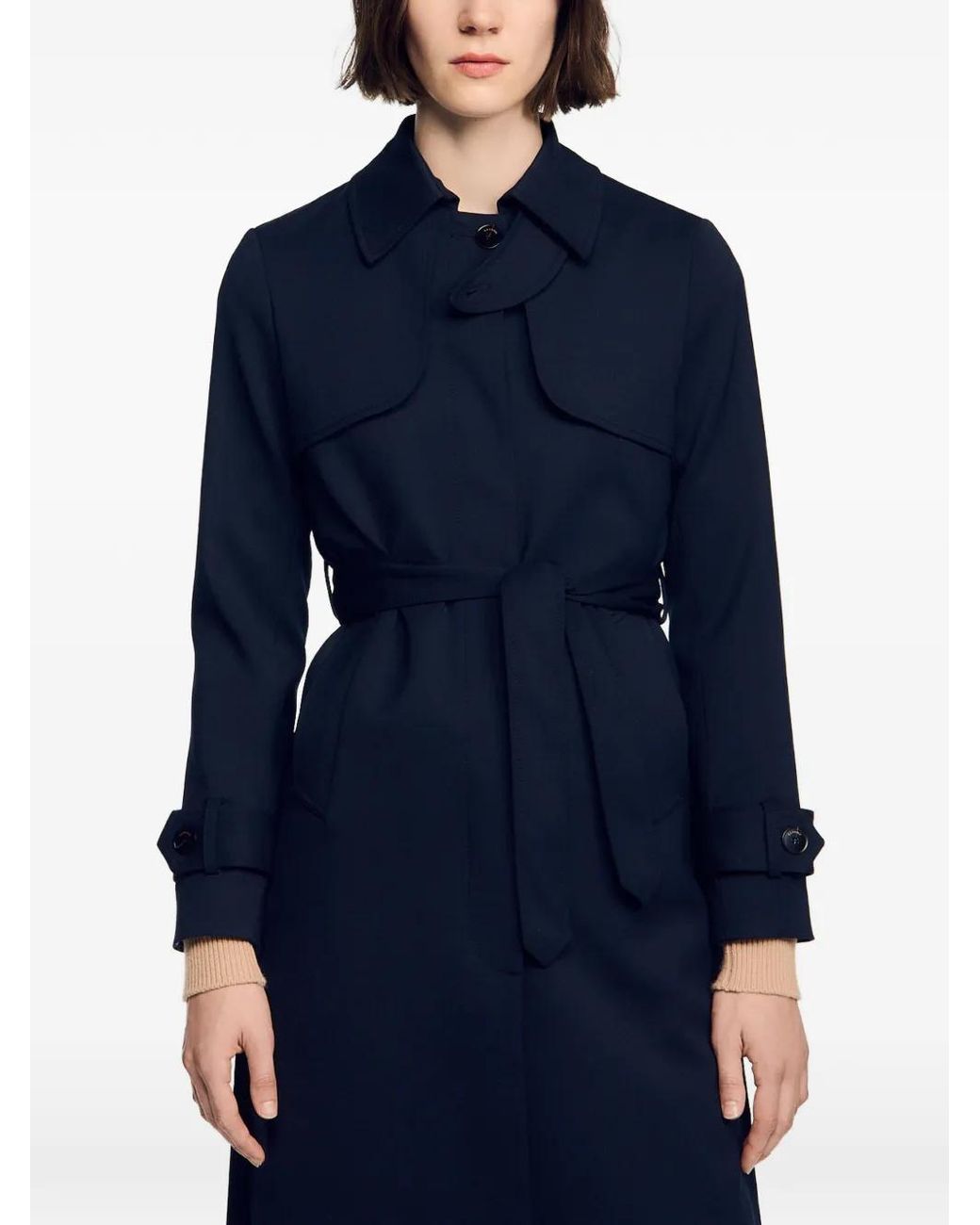 Sandro Blue Trench Coat With Pleated Inset