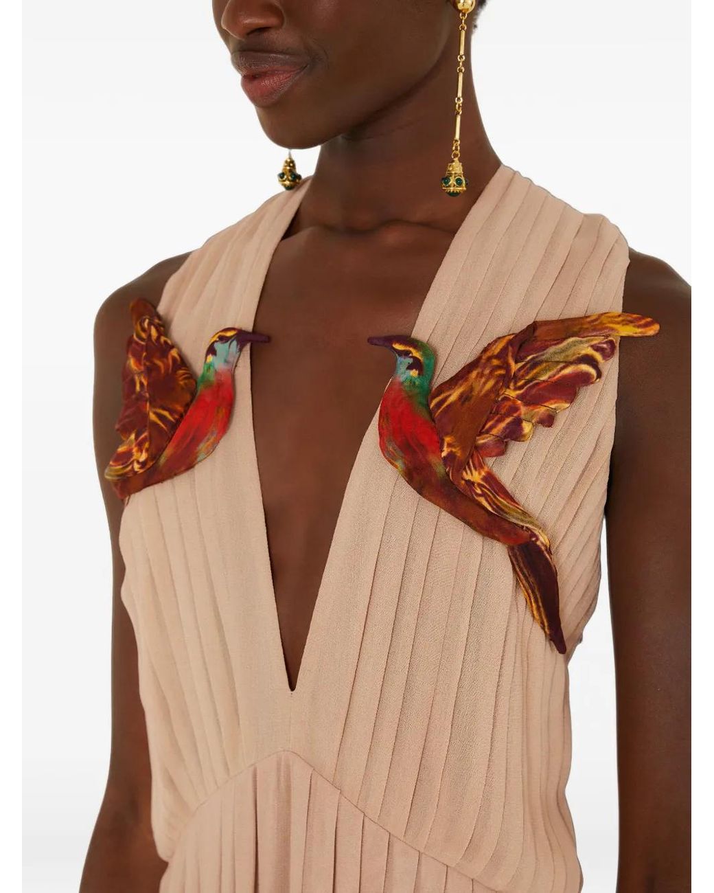Farm Rio Natural Bird Poetry Hummingbird-Appliqué Dress