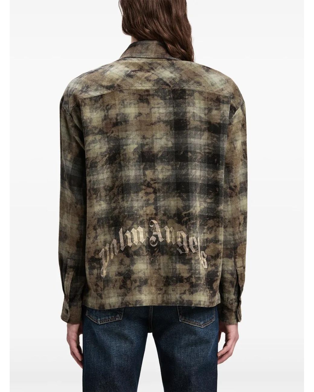 Palm Angels Green Logo-Print Check-Pattern Shirt for men