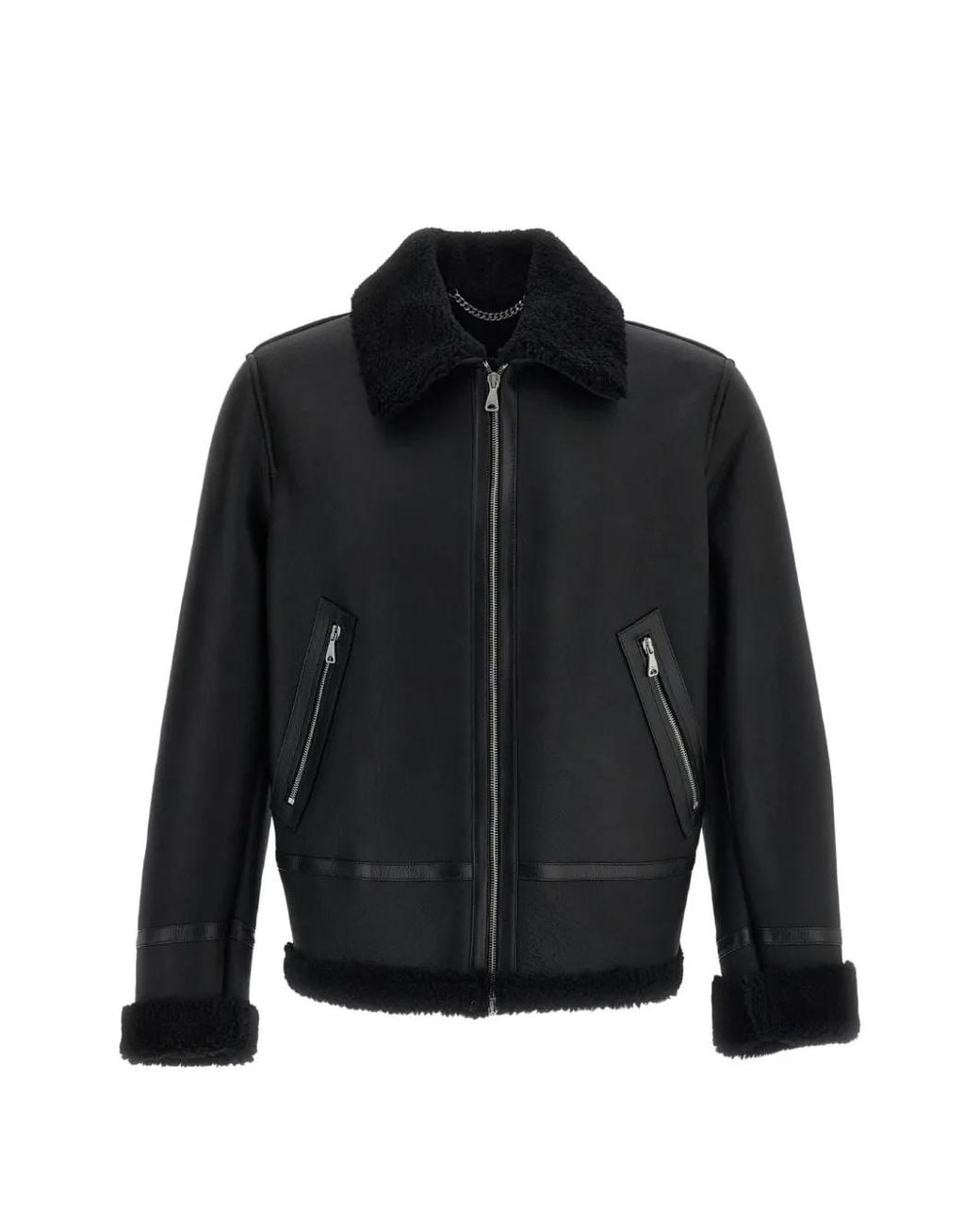 Emmeci Black Shearling-Trim Leather Jacket for men