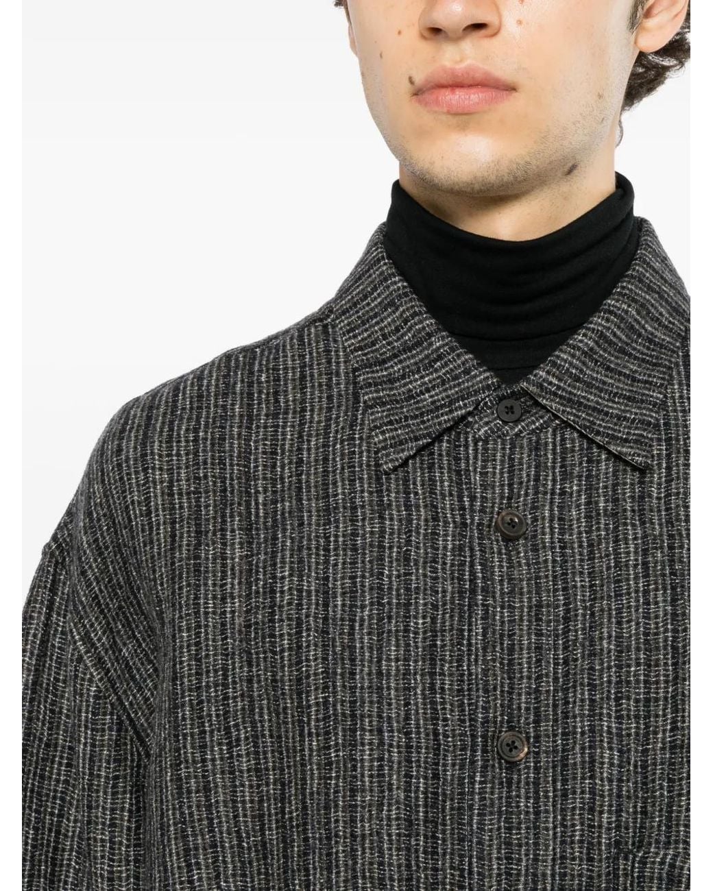 Ziggy Chen Gray Stripe-Patterned Patch-Pocket Shirt for men
