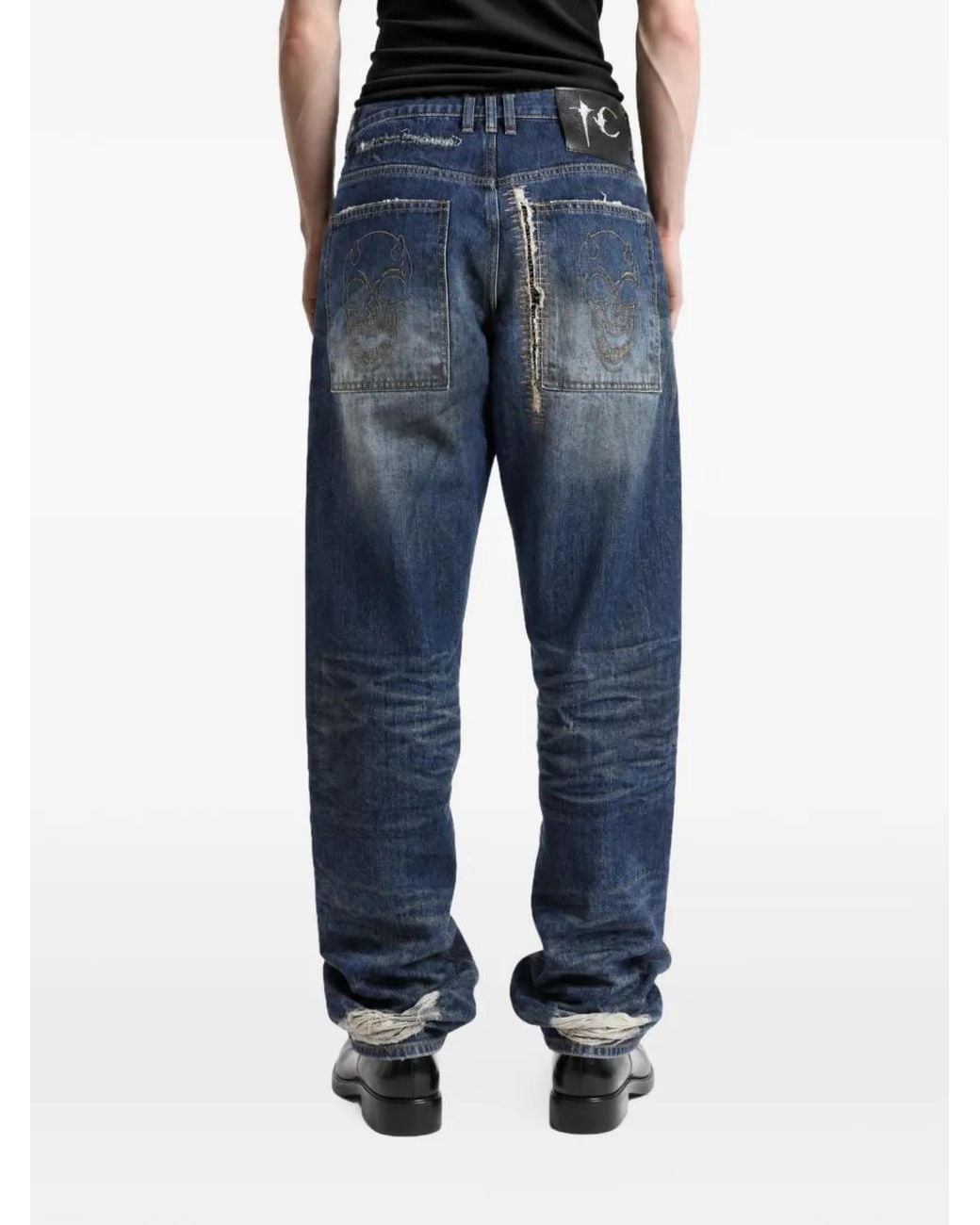 THUG CLUB Blue Distressed-Patchwork Jeans for men