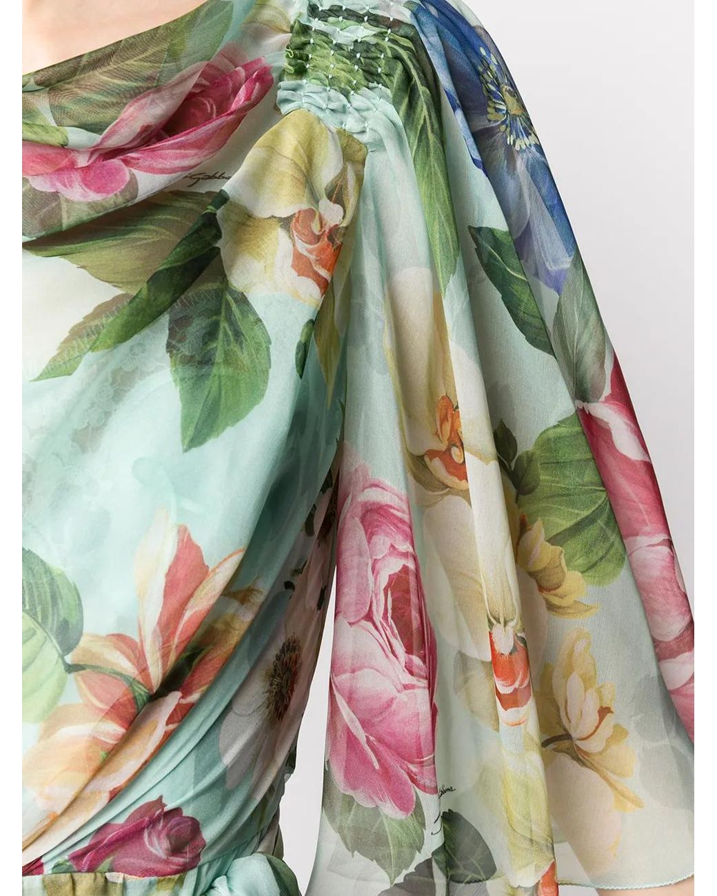 Dolce & Gabbana Green Floral Print Draped Neck Dress