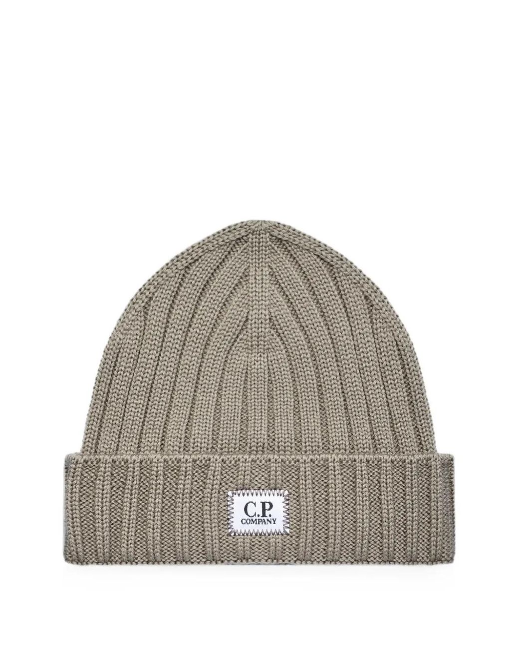 C P Company Gray Extrafine Merino Wool Logo Beanie Hat for men