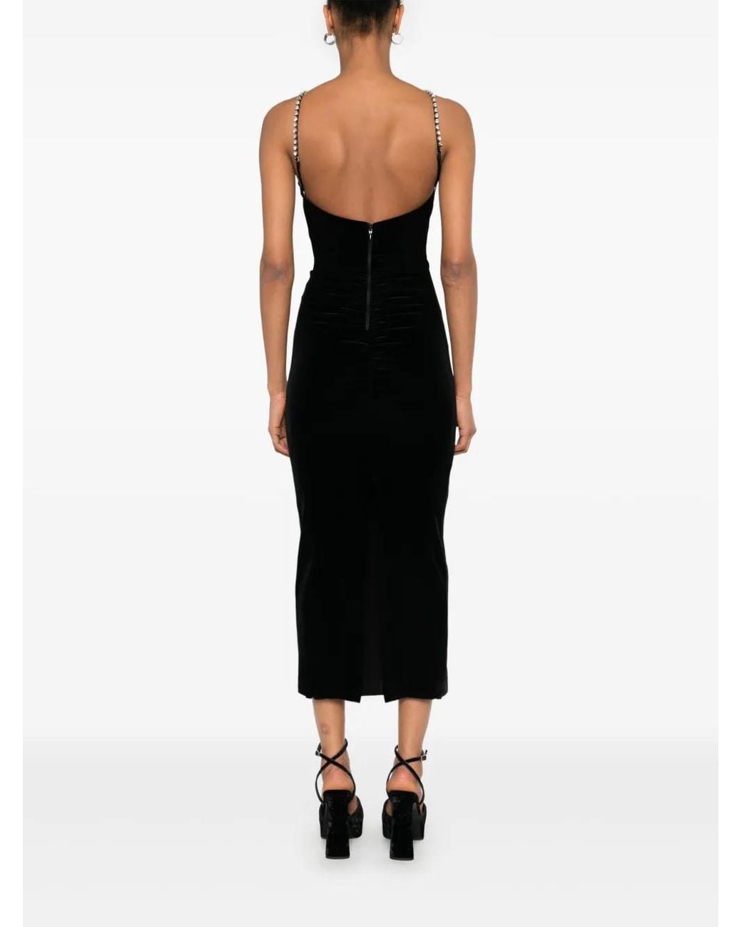 Nissa Black Floral-Appliqué Velvet Midi Dress
