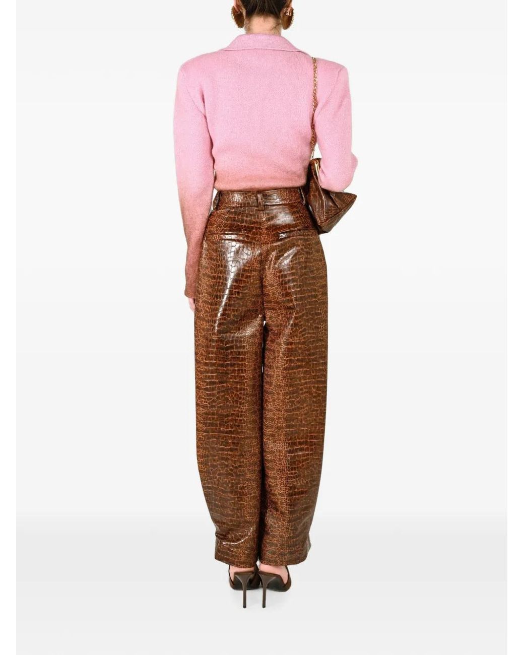ROWEN ROSE Brown Crocodile-Effect Pleated Trousers