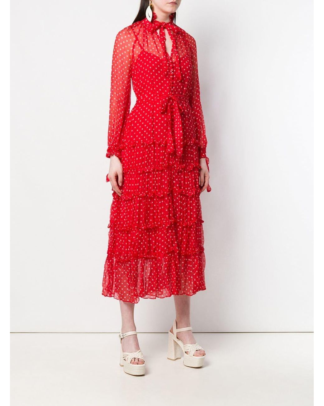 sheer red polka dot dress Red Chiffon Maxi Dress with Polka Dot and Boat Neckline