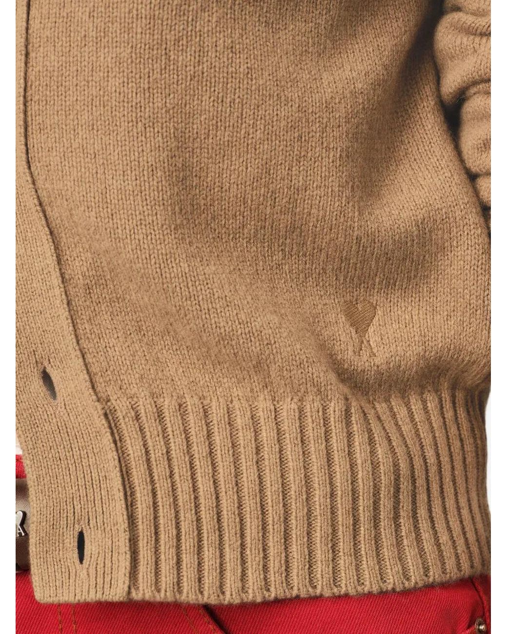 AMI Natural Crewneck Cashmere Cardigan With Ami De Coeur