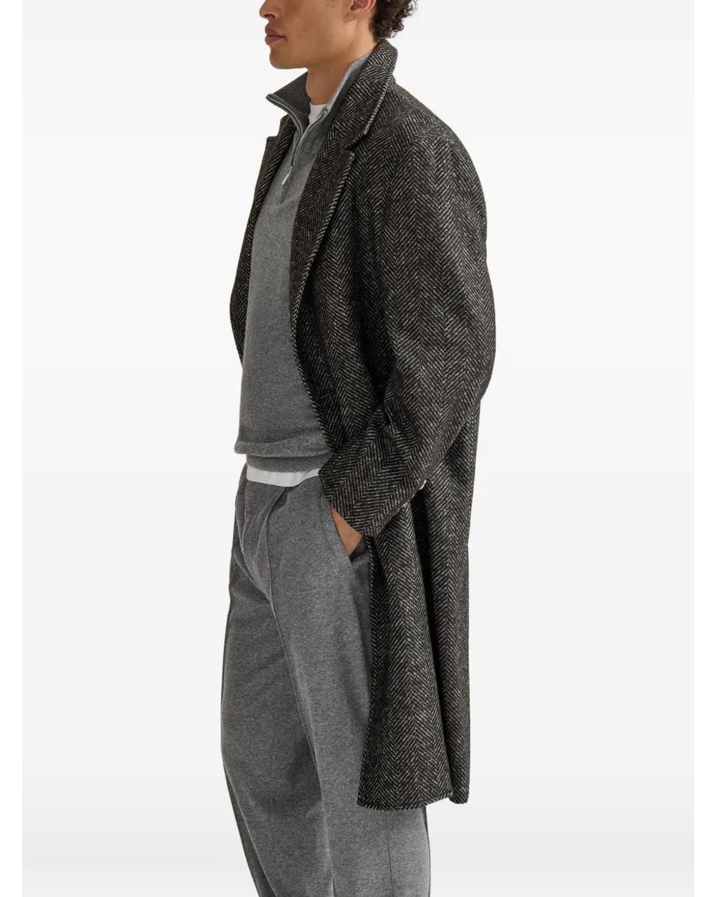Brunello Cucinelli Gray Virgin Wool And Alpaca Chevron Coat With Metal Buttons for men